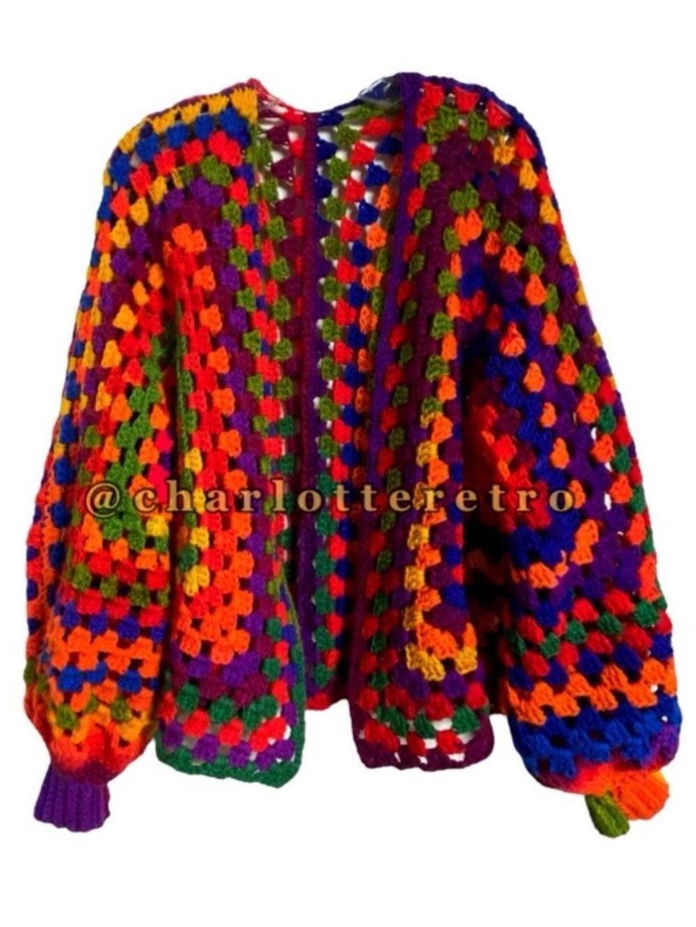 vtg Neon Granny Square Open Crochet Knit Cardigan